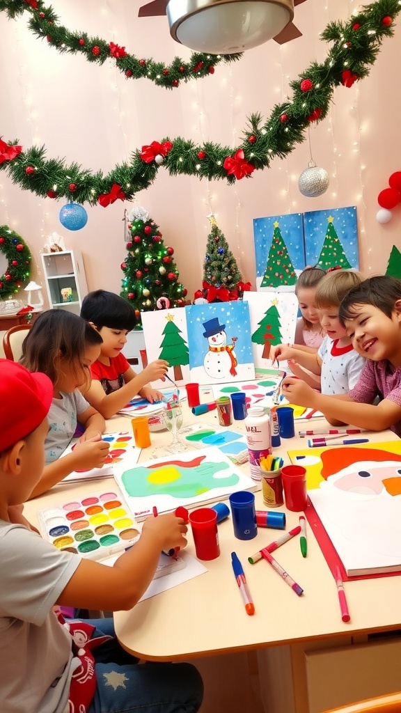 Children painting Christmas-themed art with colorful paints and festive decorations.